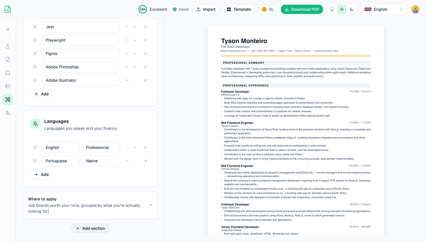 The Tyson CV editor: fields on the left, a live PDF preview on the right, with a CV score of 100.